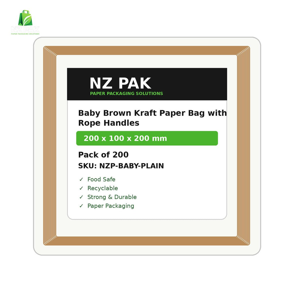 Plain Baby Brown Kraft Paper Bag with Rope Handles - 200 x 100 x 200 mm - size and pack details