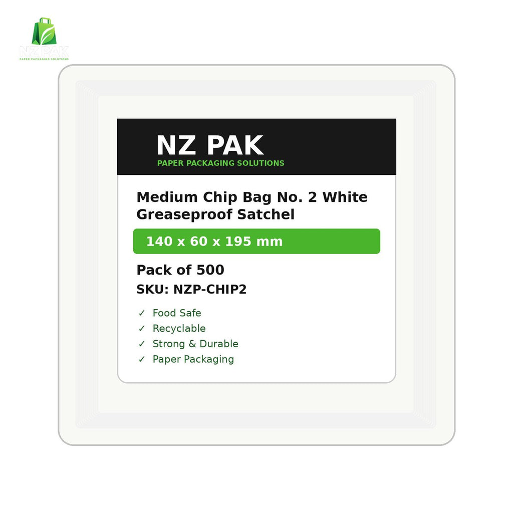 Medium Chip Bag No. 2 White Greaseproof Satchel - 140 x 60 x 195 mm - size and pack details