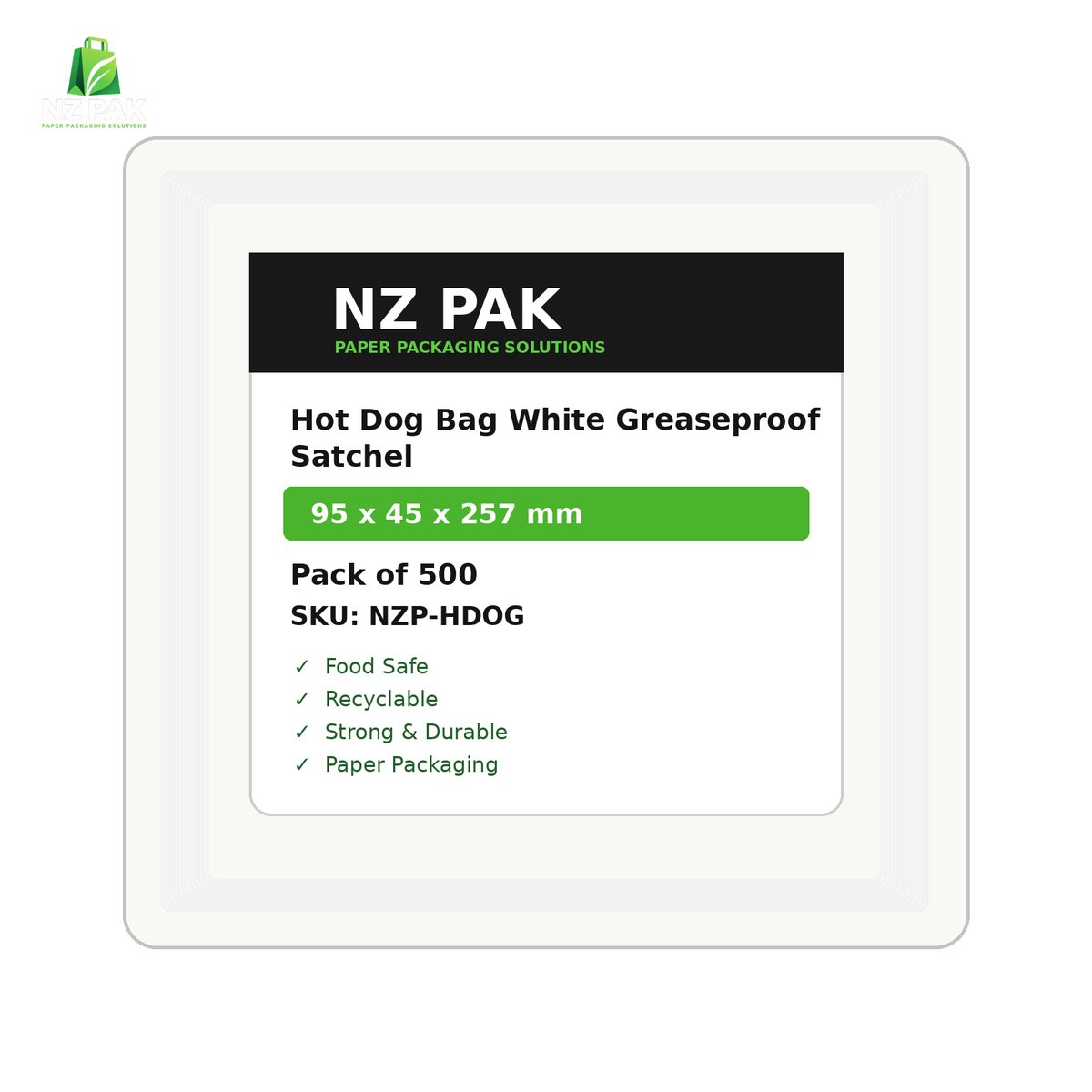 Hot Dog Bag White Greaseproof Satchel - 95 x 45 x 257 mm - size and pack details