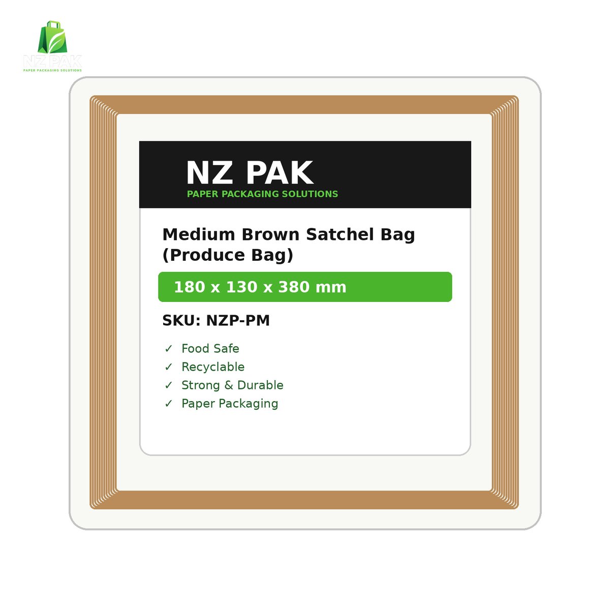 Medium Brown Satchel Bag (Produce Bag) - 180 x 130 x 380 mm - size and pack details