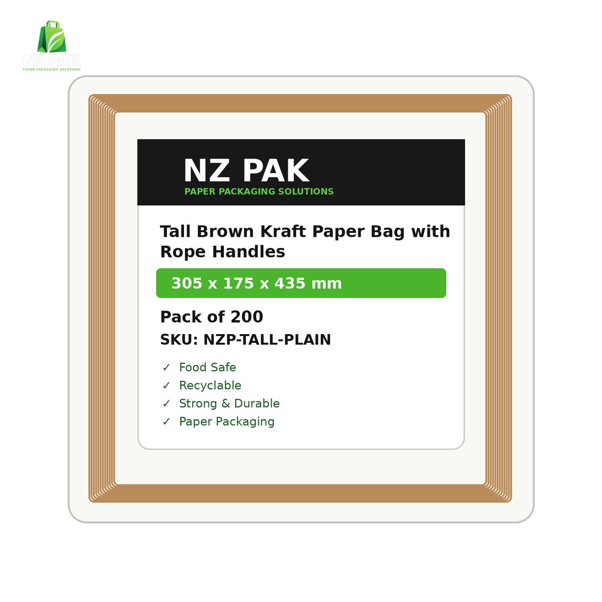 Plain Tall Brown Kraft Paper Bag with Rope Handles - 305 x 175 x 435 mm - size and pack details