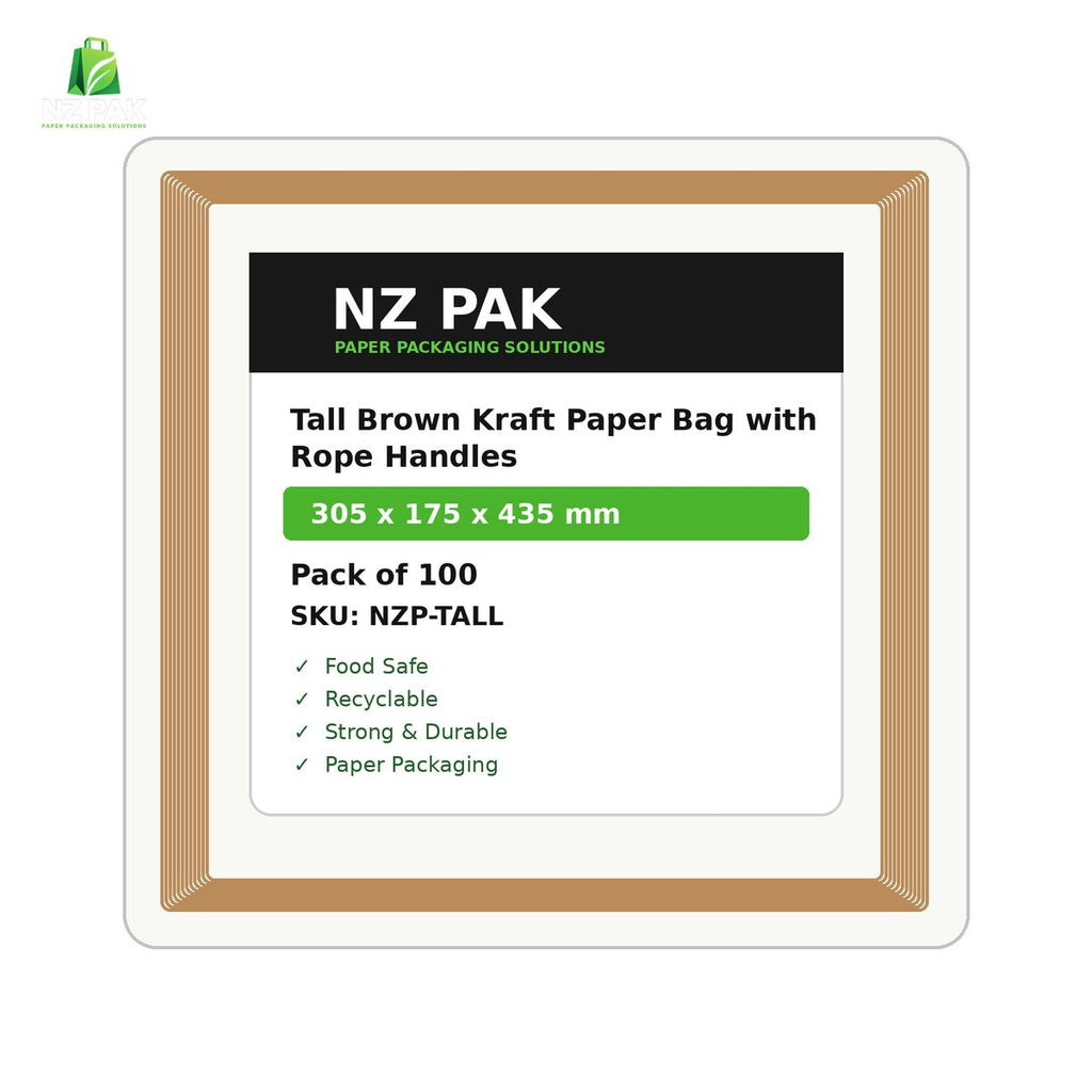 Printed Tall Brown Kraft Paper Bag with Rope Handles - 305 x 175 x 435 mm - size and pack details