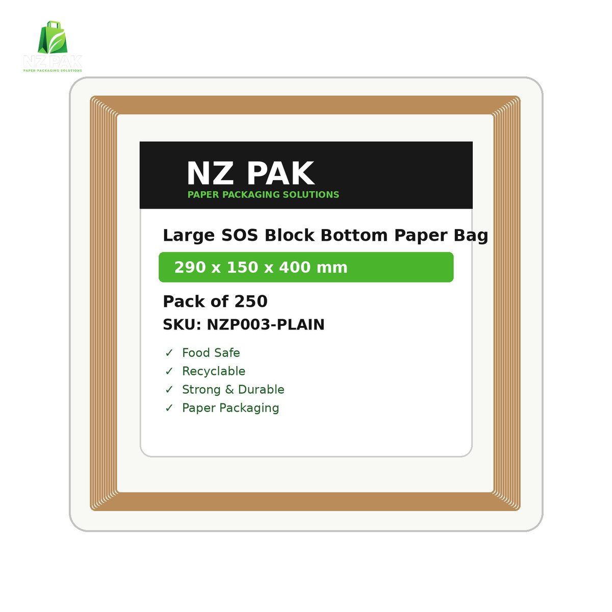 Plain Large SOS Block Bottom Paper Bag - 290 x 150 x 400 mm - size and pack details