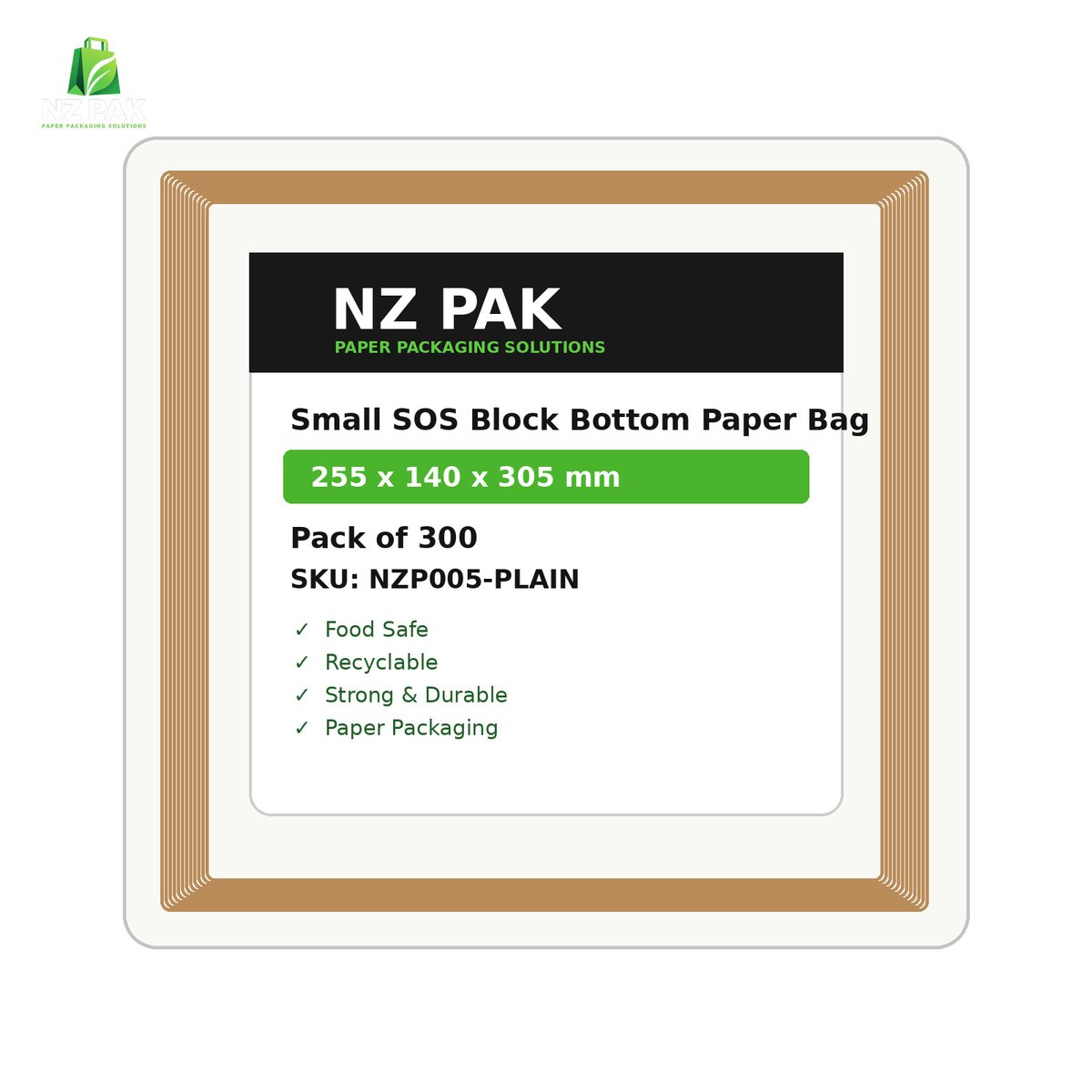 Plain Small SOS Block Bottom Paper Bag - 255 x 140 x 305 mm - size and pack details
