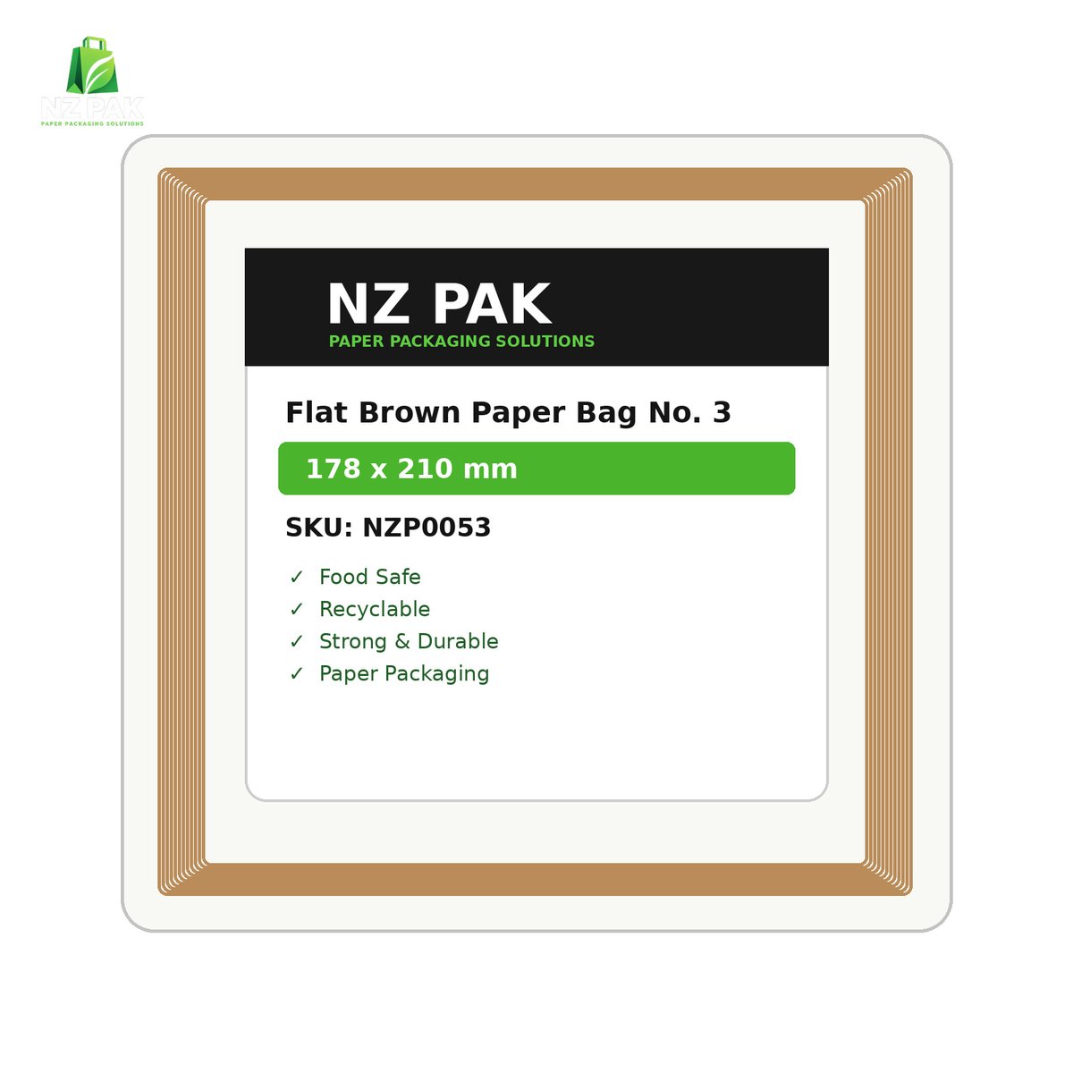 Flat Brown Paper Bag No. 3 - 178 x 210 mm - size and pack details