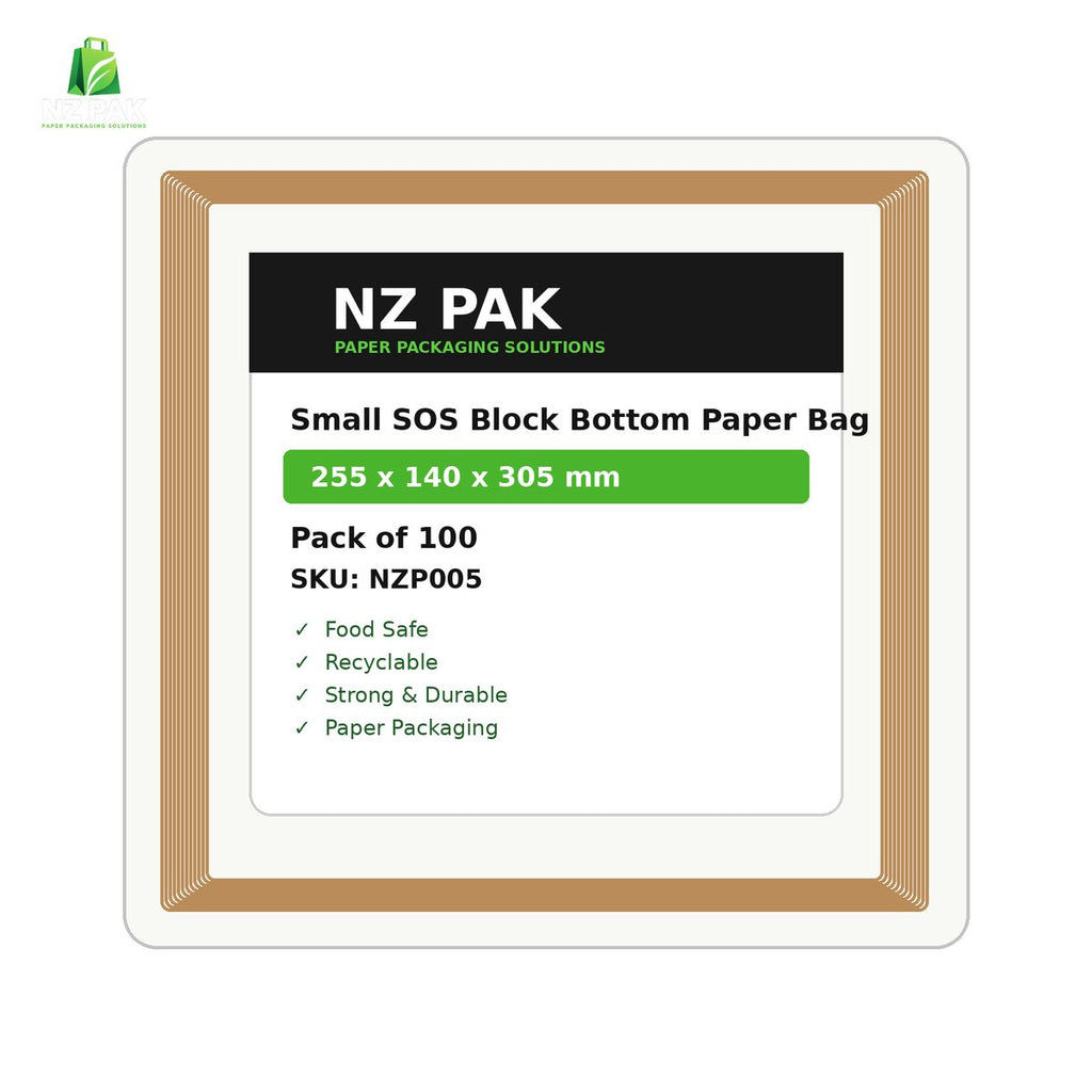 Printed Small SOS Block Bottom Paper Bag - 255 x 140 x 305 mm - size and pack details