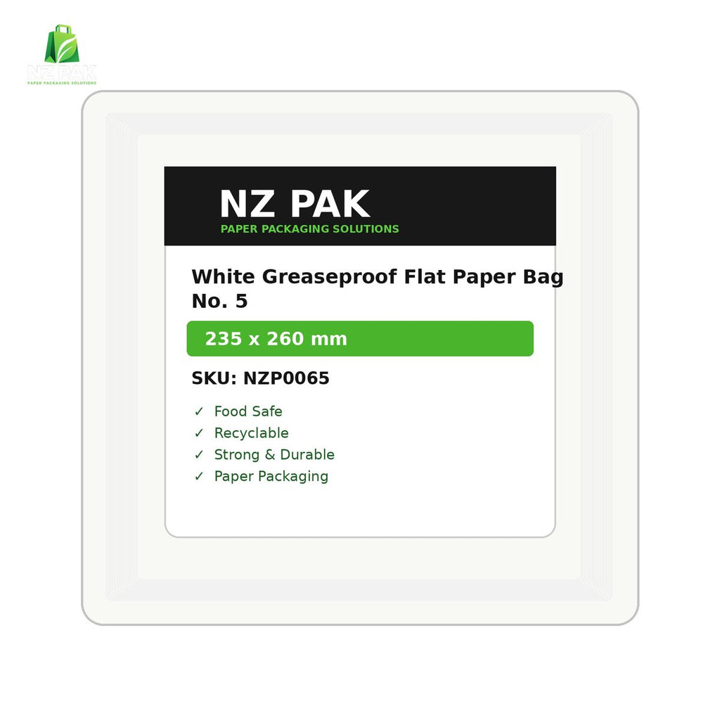 White Greaseproof Flat Paper Bag No. 5 - 235 x 260 mm - size and pack details