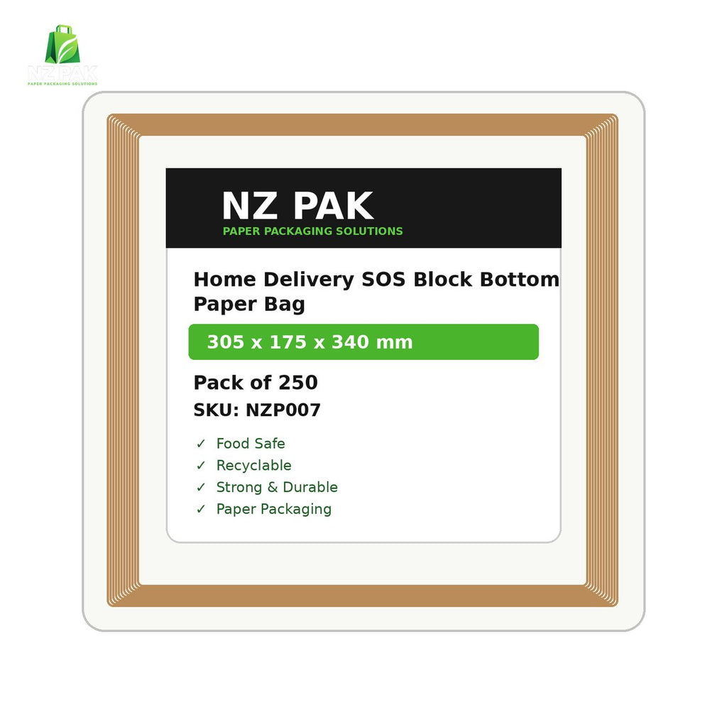Home Delivery SOS Block Bottom Paper Bag - 305 x 175 x 340 mm - size and pack details