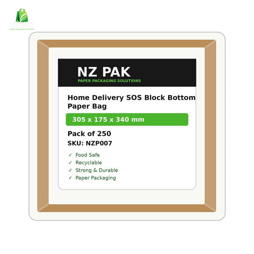 Home Delivery SOS Block Bottom Paper Bag - 305 x 175 x 340 mm - size and pack details