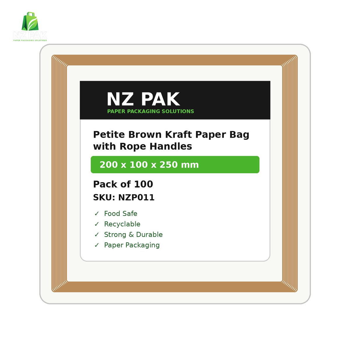 Printed Petite Brown Kraft Paper Bag with Rope Handles - 200 x 100 x 250 mm - size and pack details