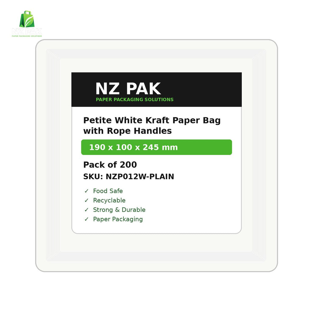 Plain Petite White Kraft Paper Bag with Rope Handles - 190 x 100 x 245 mm - size and pack details