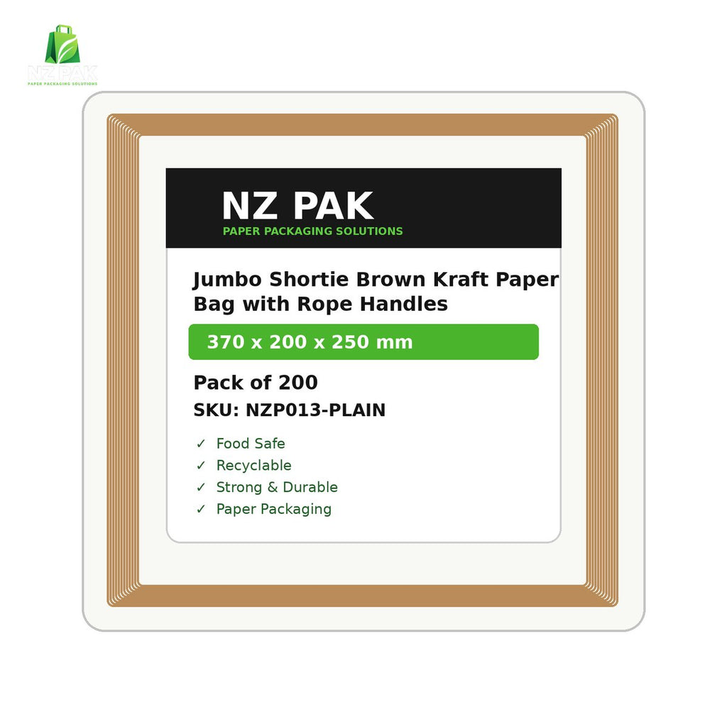 Plain Jumbo Shortie Brown Kraft Paper Bag with Rope Handles - 370 x 200 x 250 mm - size and pack details
