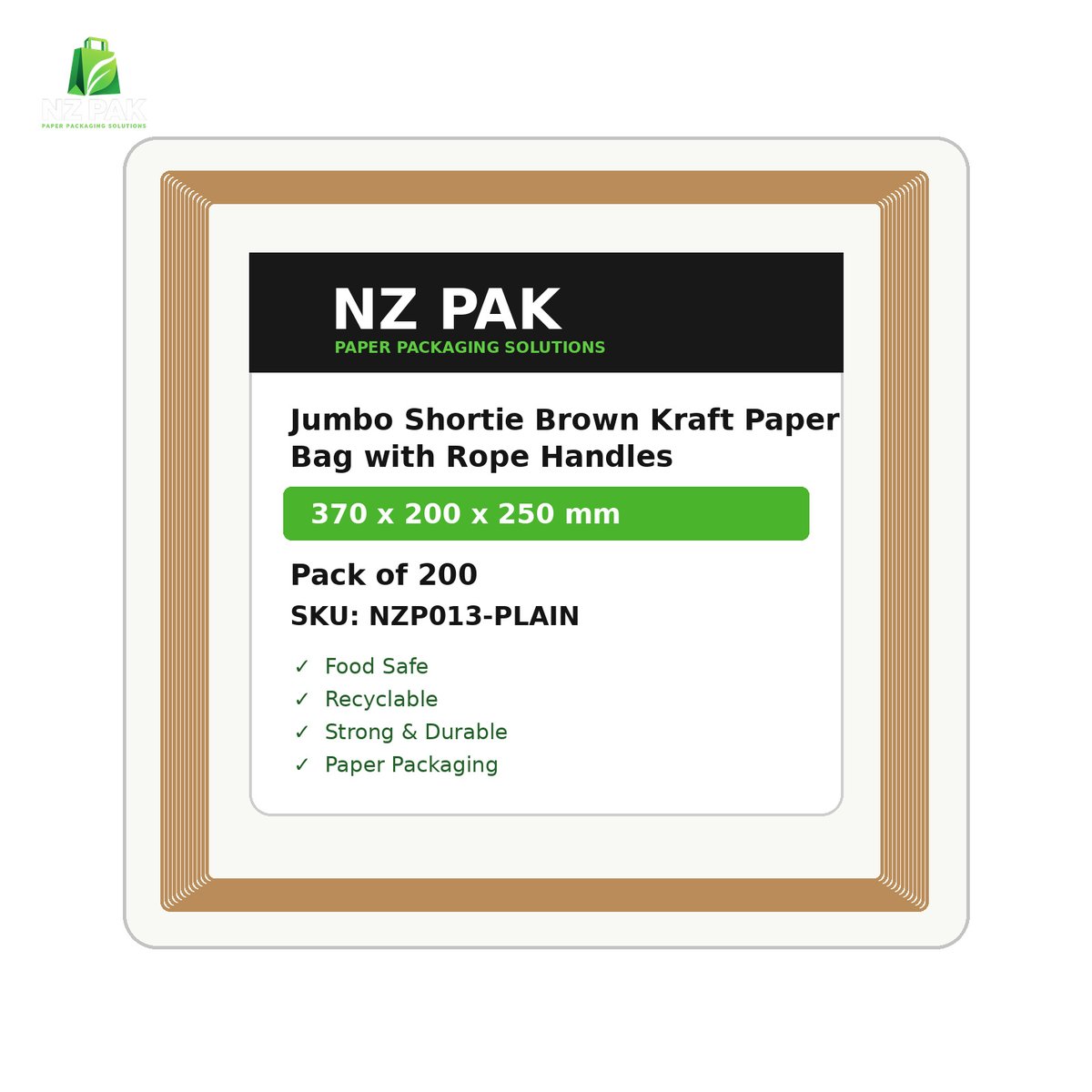 Plain Jumbo Shortie Brown Kraft Paper Bag with Rope Handles - 370 x 200 x 250 mm - size and pack details