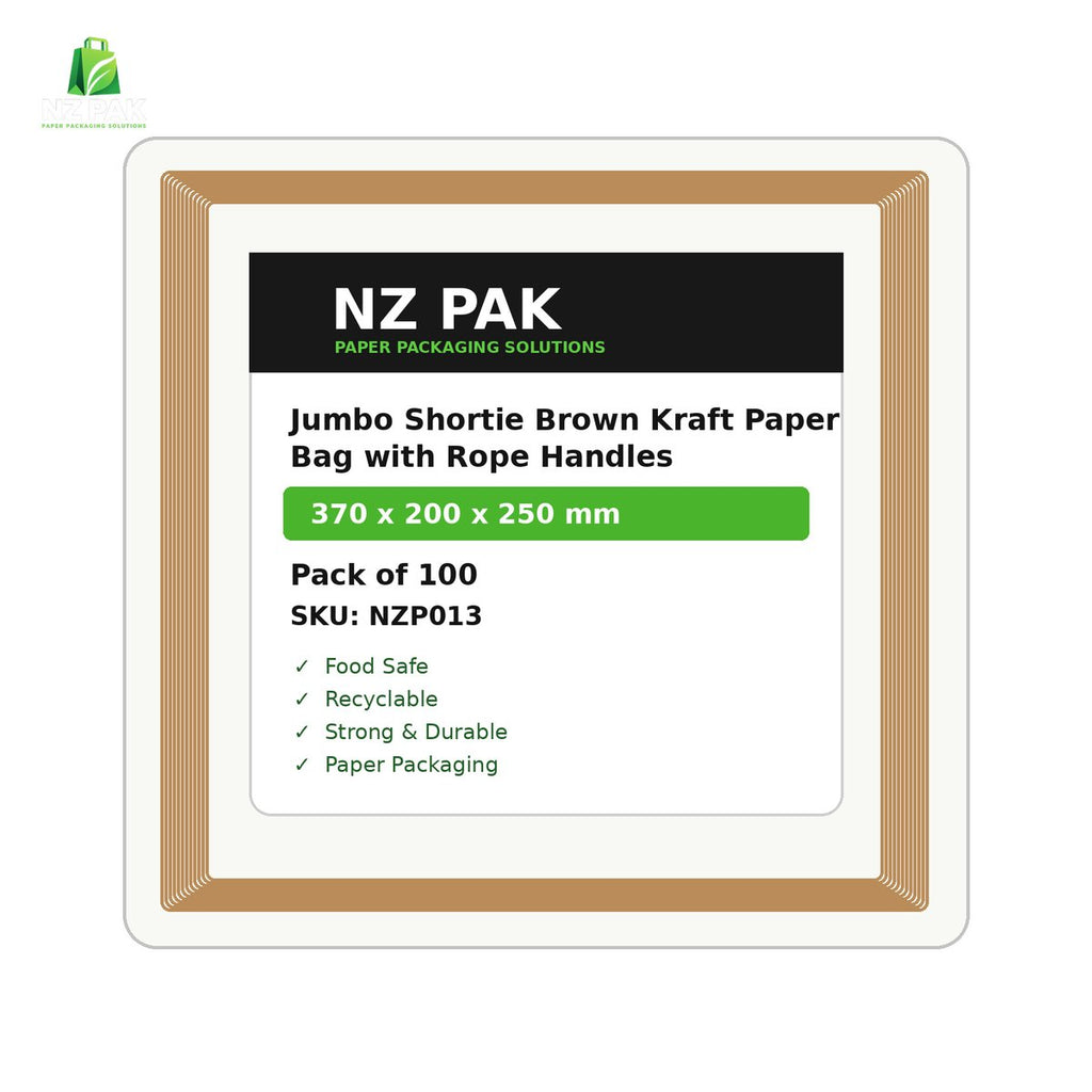 Printed Jumbo Shortie Brown Kraft Paper Bag with Rope Handles - 370 x 200 x 250 mm - size and pack details
