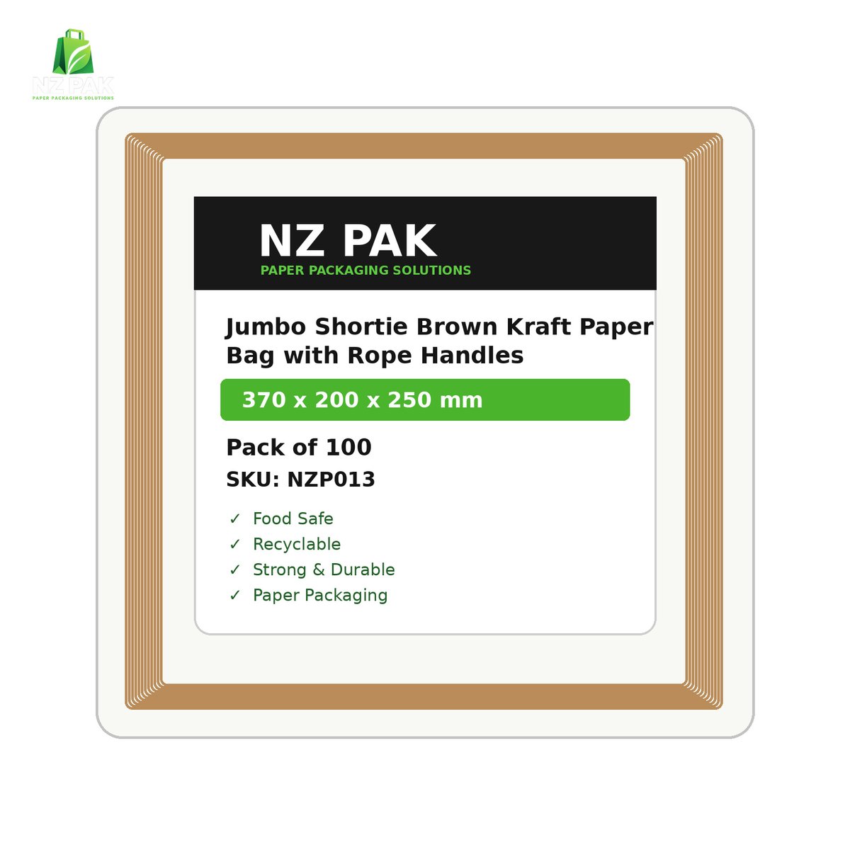 Printed Jumbo Shortie Brown Kraft Paper Bag with Rope Handles - 370 x 200 x 250 mm - size and pack details