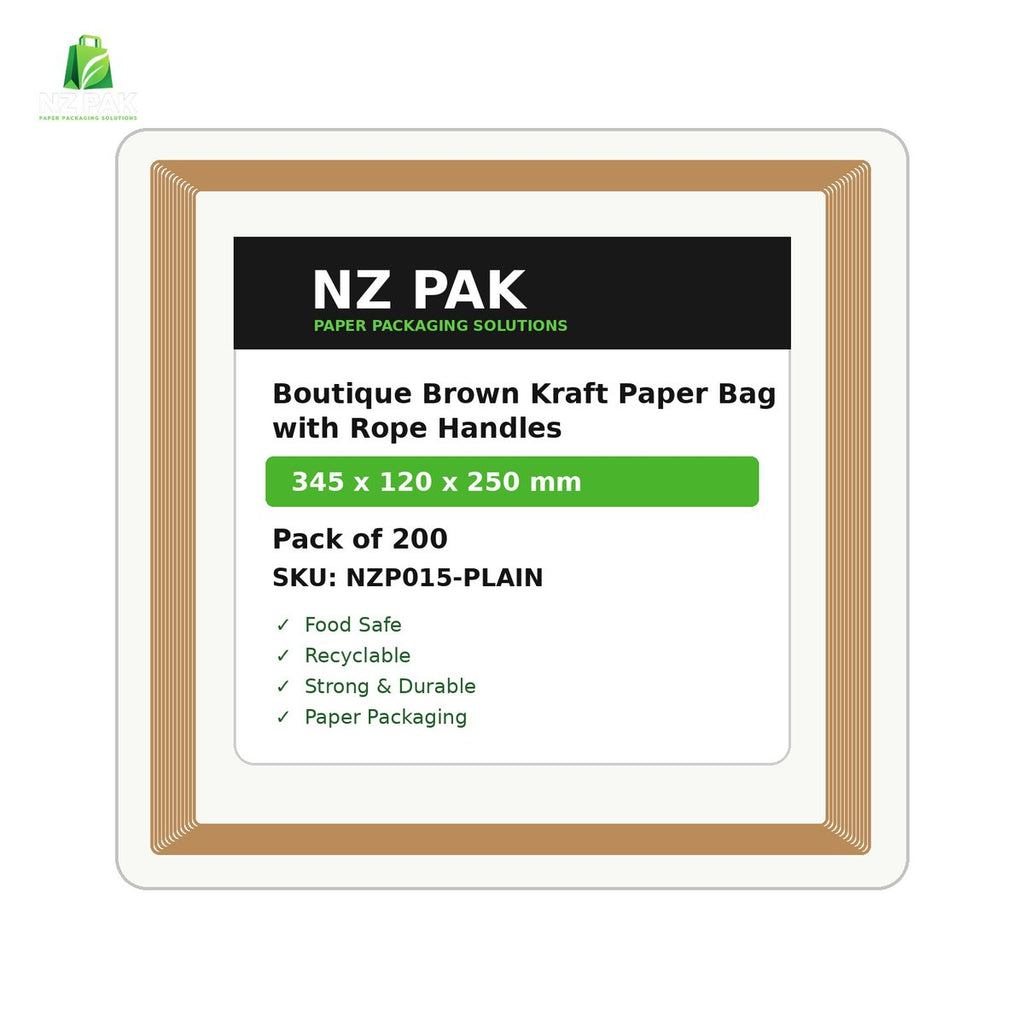 Plain Boutique Brown Kraft Paper Bag with Rope Handles - 345 x 120 x 250 mm - size and pack details