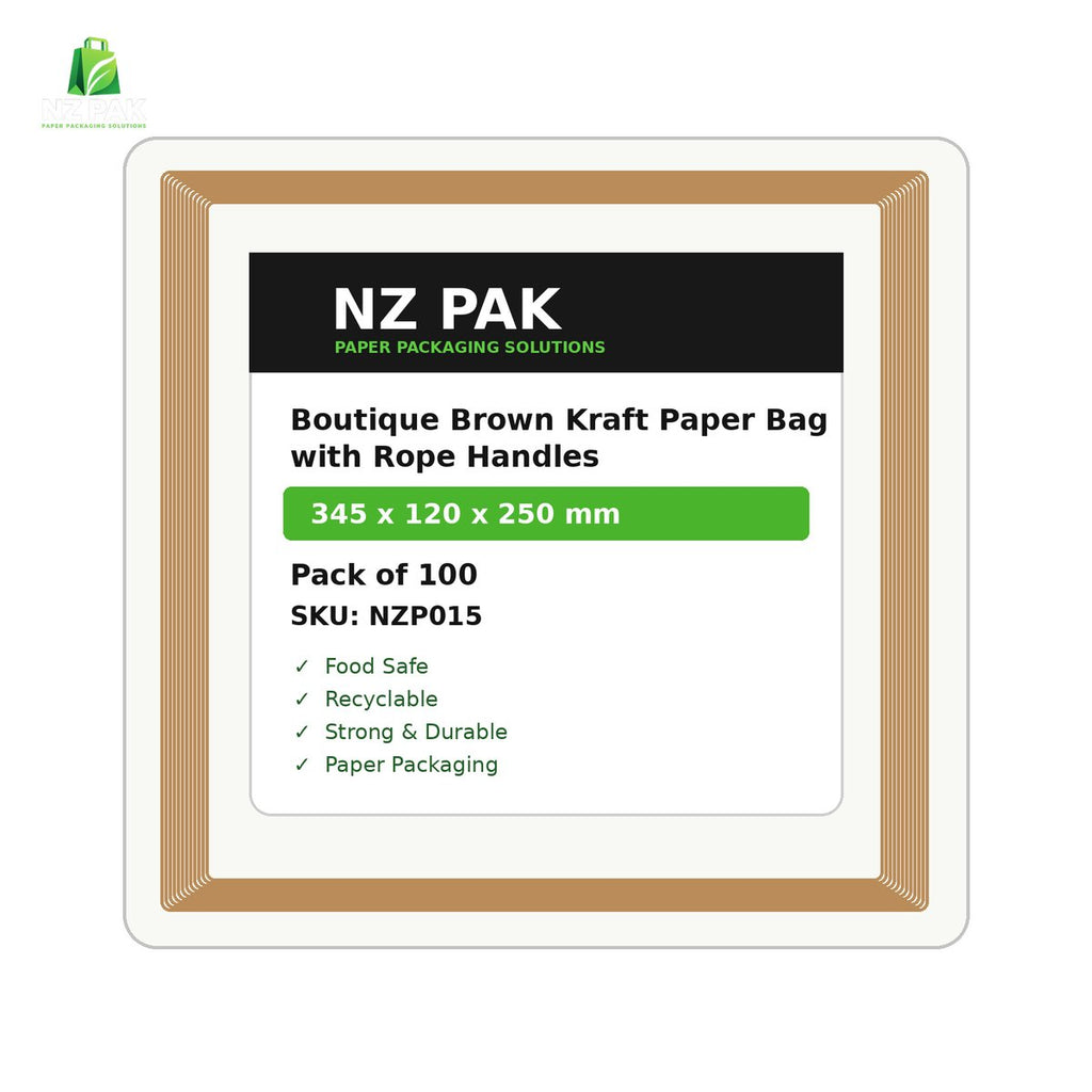 Printed Boutique Brown Kraft Paper Bag with Rope Handles - 345 x 120 x 250 mm - size and pack details