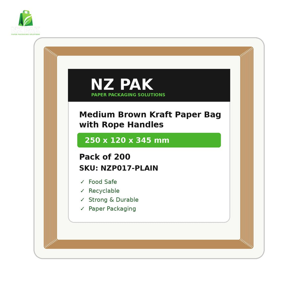 Plain Medium Brown Kraft Paper Bag with Rope Handles - 250 x 120 x 345 mm - size and pack details