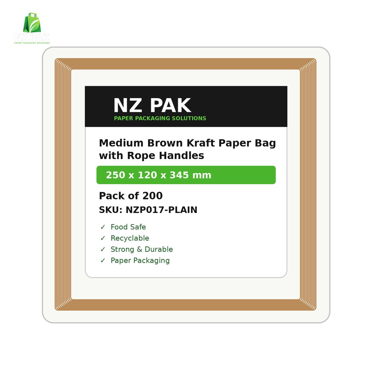 Plain Medium Brown Kraft Paper Bag with Rope Handles - 250 x 120 x 345 mm - size and pack details