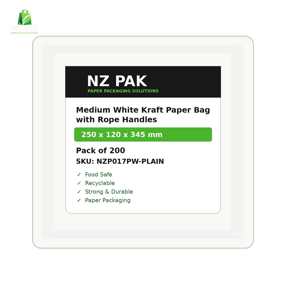 Plain Medium White Kraft Paper Bag with Rope Handles - 250 x 120 x 345 mm - size and pack details