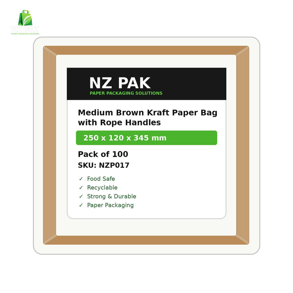 Printed Medium Brown Kraft Paper Bag with Rope Handles - 250 x 120 x 345 mm - size and pack details