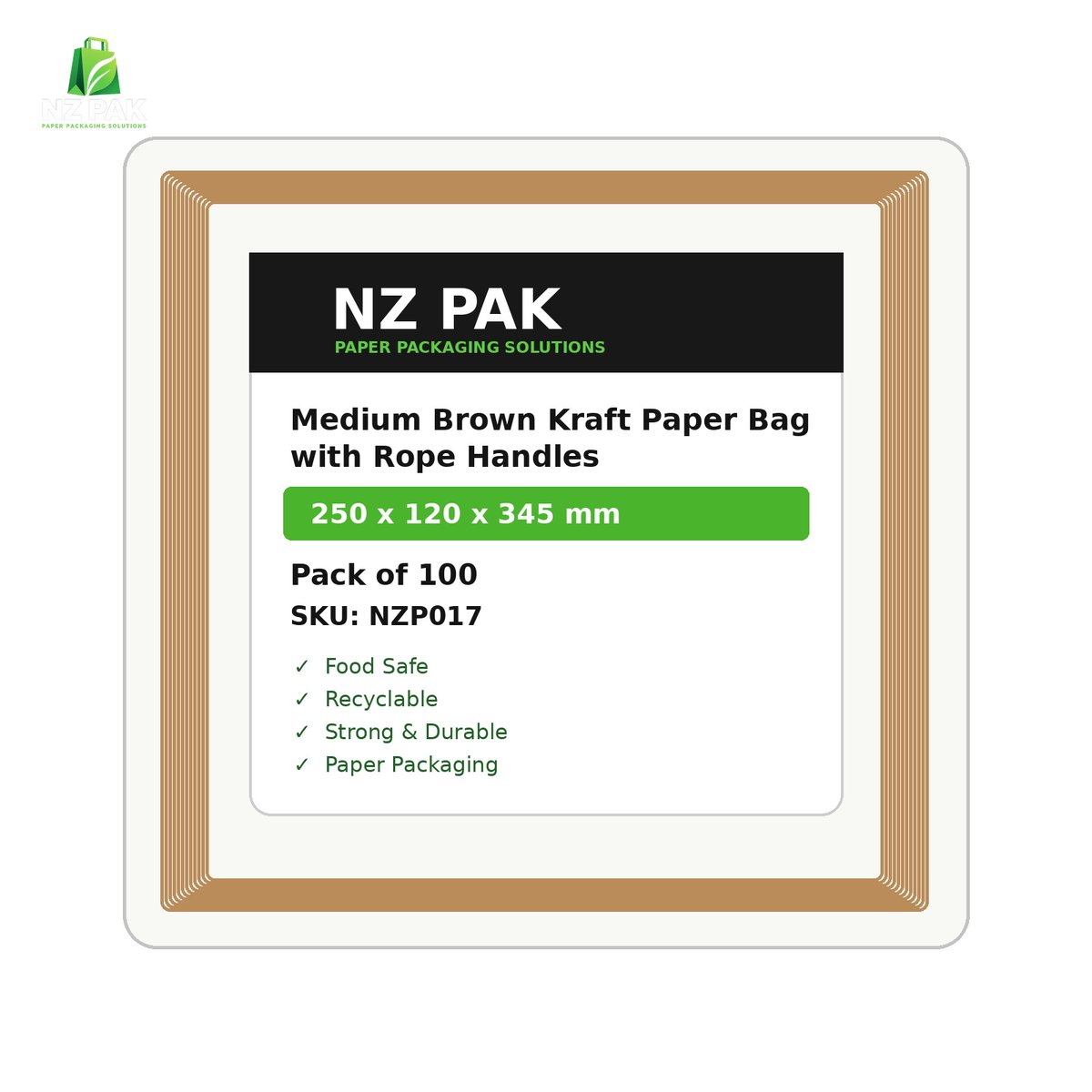 Printed Medium Brown Kraft Paper Bag with Rope Handles - 250 x 120 x 345 mm - size and pack details