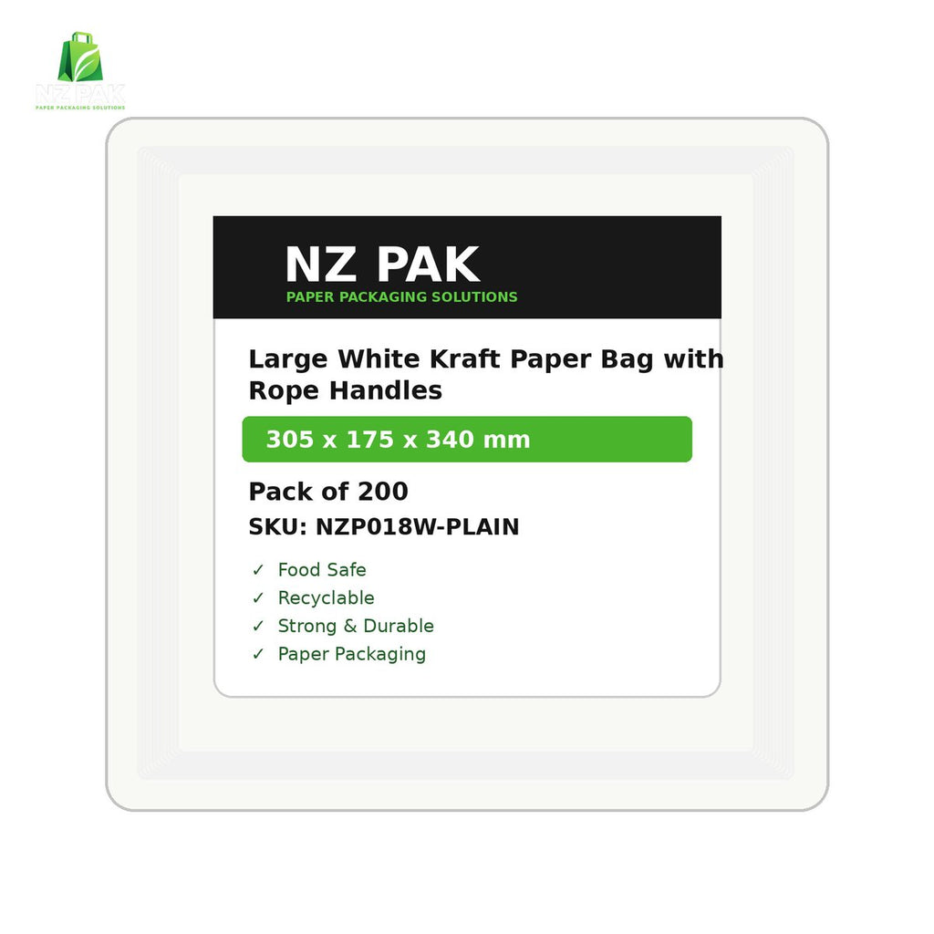 Plain Large White Kraft Paper Bag with Rope Handles - 305 x 175 x 340 mm - size and pack details