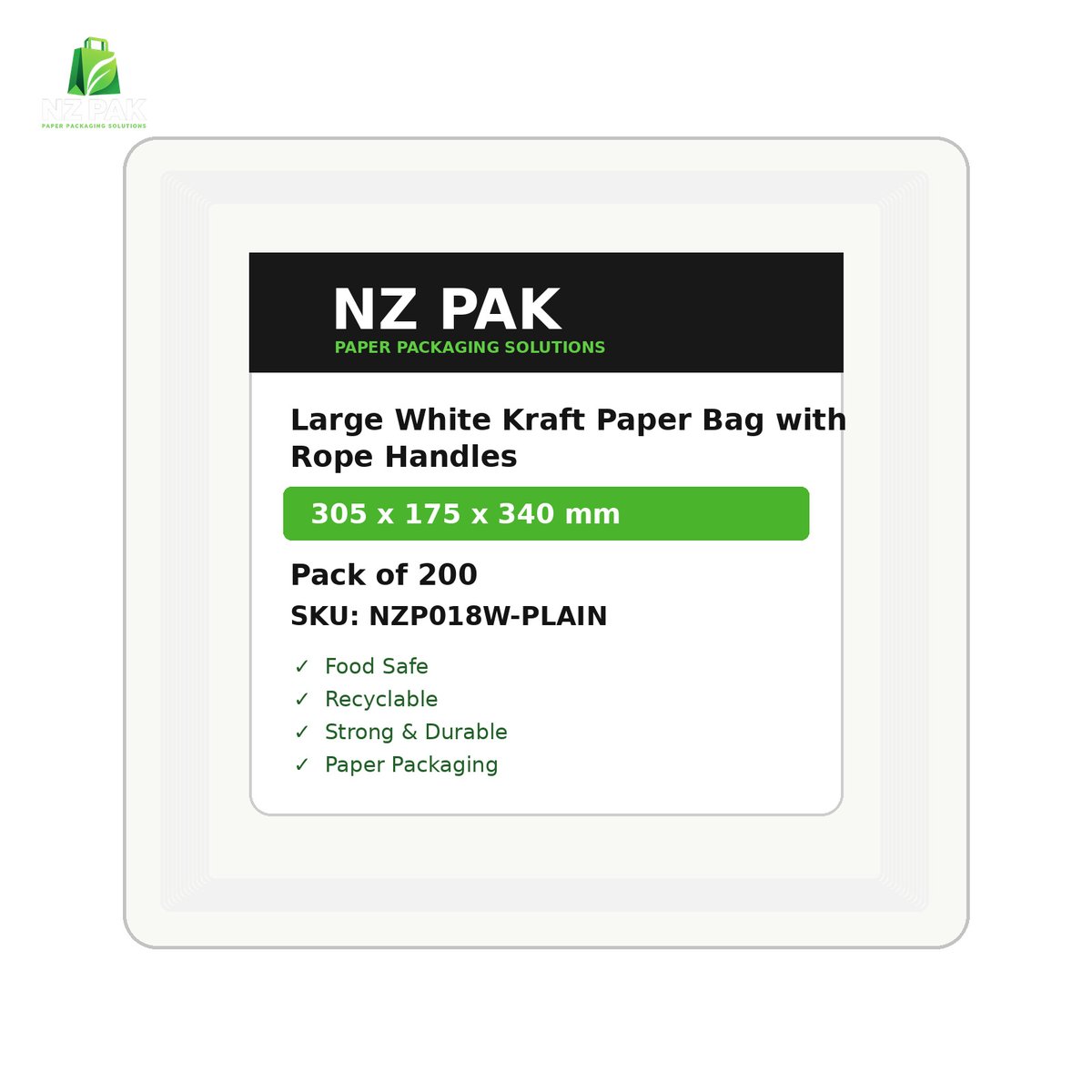 Plain Large White Kraft Paper Bag with Rope Handles - 305 x 175 x 340 mm - size and pack details