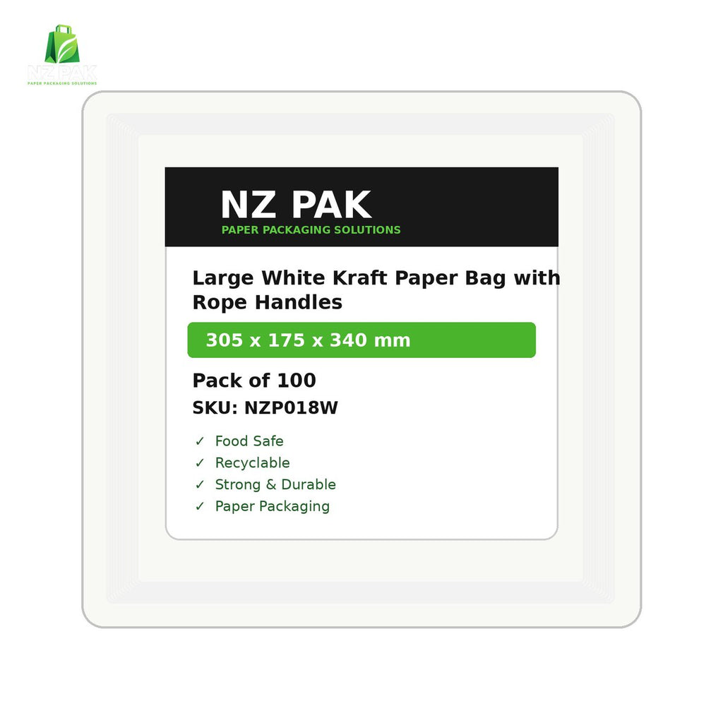 Printed Large White Kraft Paper Bag with Rope Handles - 305 x 175 x 340 mm - size and pack details