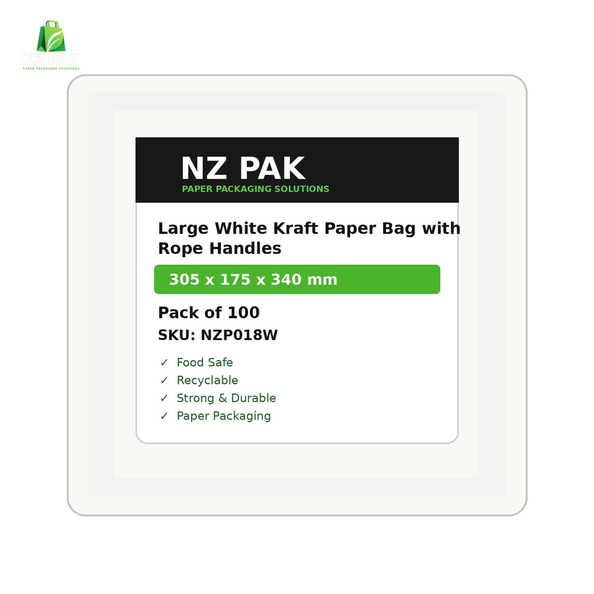 Printed Large White Kraft Paper Bag with Rope Handles - 305 x 175 x 340 mm - size and pack details