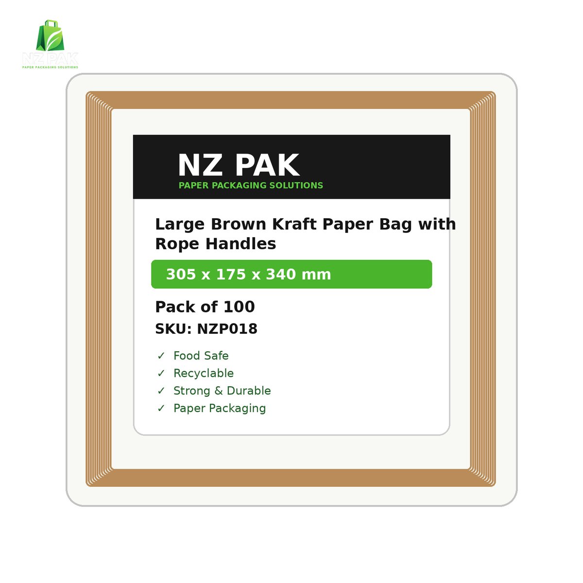 Printed Large Brown Kraft Paper Bag with Rope Handles - 305 x 175 x 340 mm - size and pack details