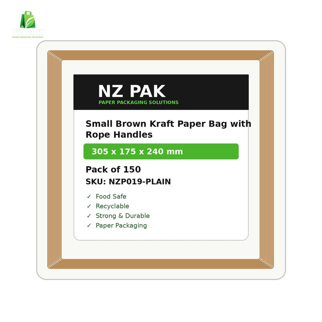 Plain Small Brown Kraft Paper Bag with Rope Handles - 305 x 175 x 240 mm - size and pack details