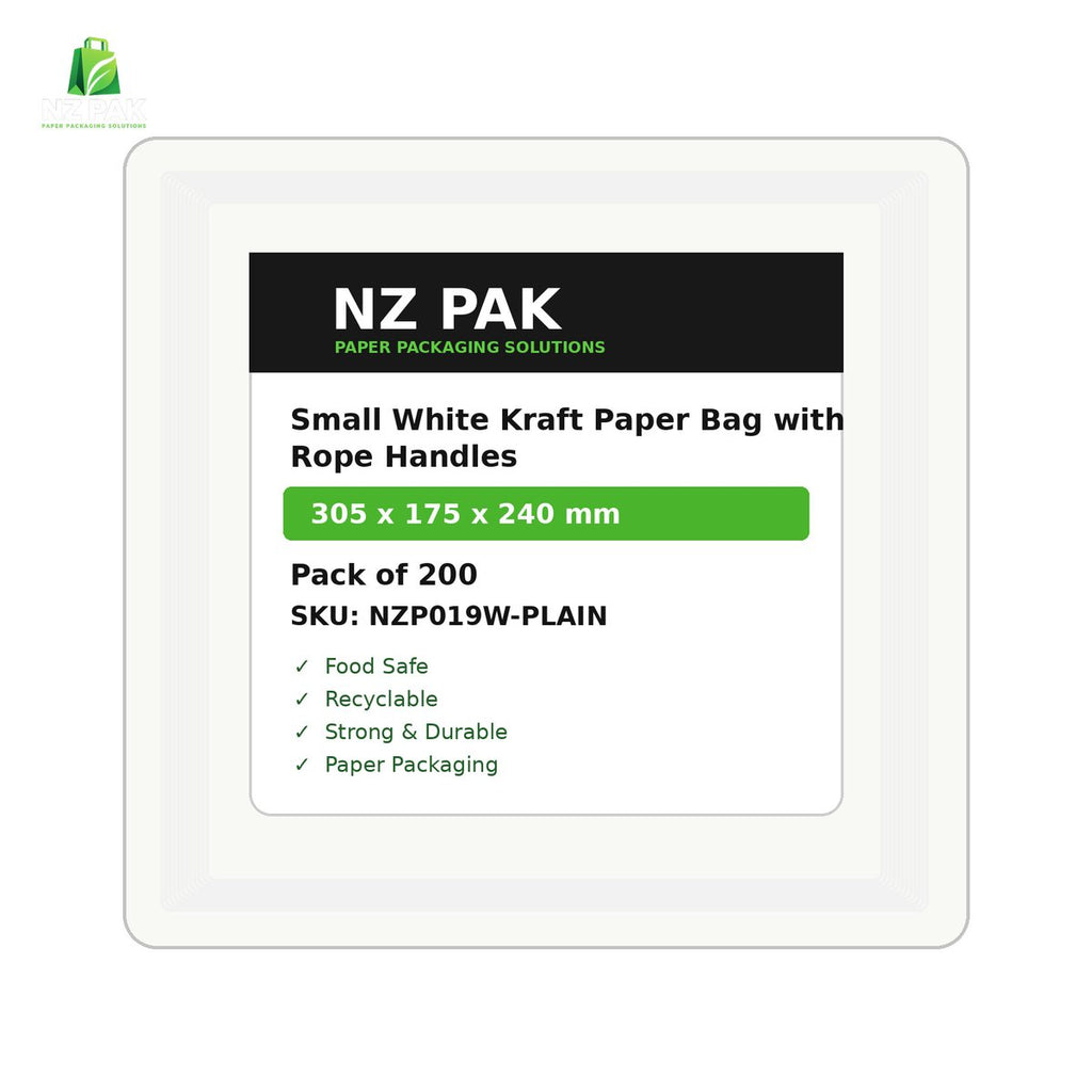 Plain Small White Kraft Paper Bag with Rope Handles - 305 x 175 x 240 mm - size and pack details
