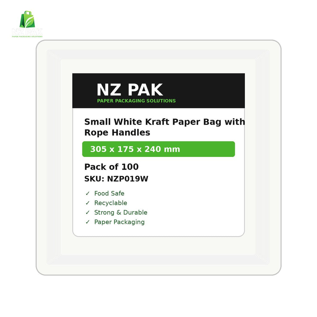 Printed Small White Kraft Paper Bag with Rope Handles - 305 x 175 x 240 mm - size and pack details