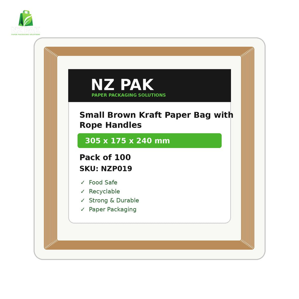 Printed Small Brown Kraft Paper Bag with Rope Handles - 305 x 175 x 240 mm - size and pack details