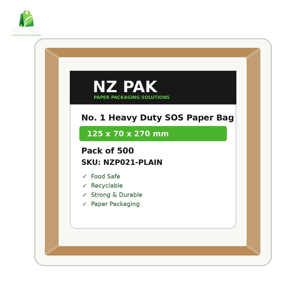 Plain No. 1 Heavy Duty SOS Paper Bag - 125 x 70 x 270 mm - size and pack details