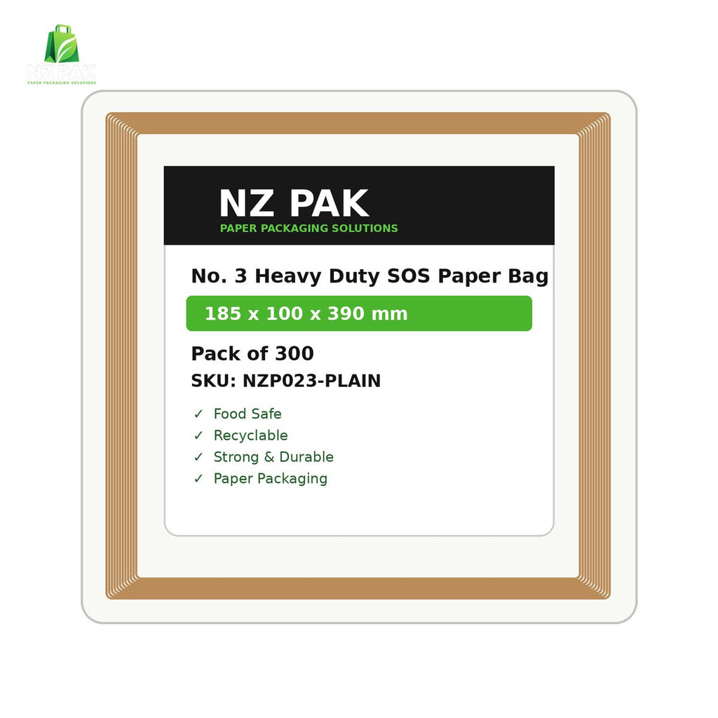 Plain No. 3 Heavy Duty SOS Paper Bag - 185 x 100 x 390 mm - size and pack details