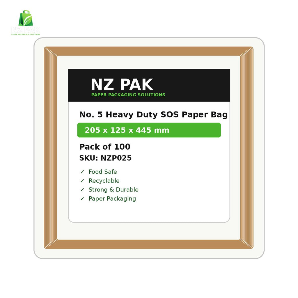 Printed No. 5 Heavy Duty SOS Paper Bag - 205 x 125 x 445 mm - size and pack details