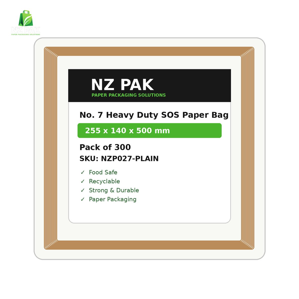 Plain No. 7 Heavy Duty SOS Paper Bag - 255 x 140 x 500 mm - size and pack details