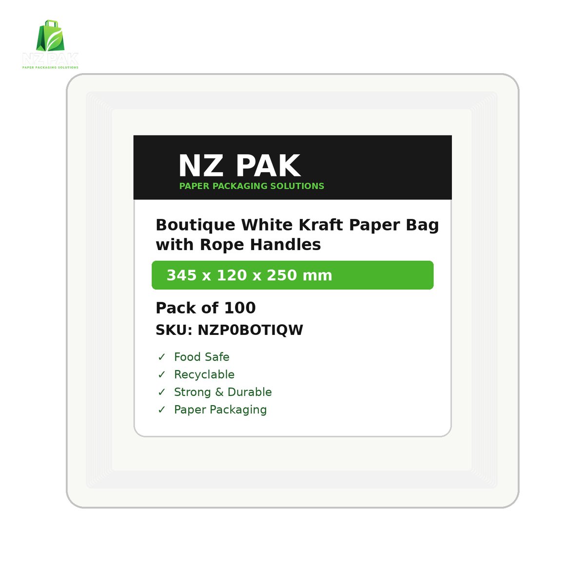Printed Boutique White Kraft Paper Bag with Rope Handles - 345 x 120 x 250 mm - size and pack details