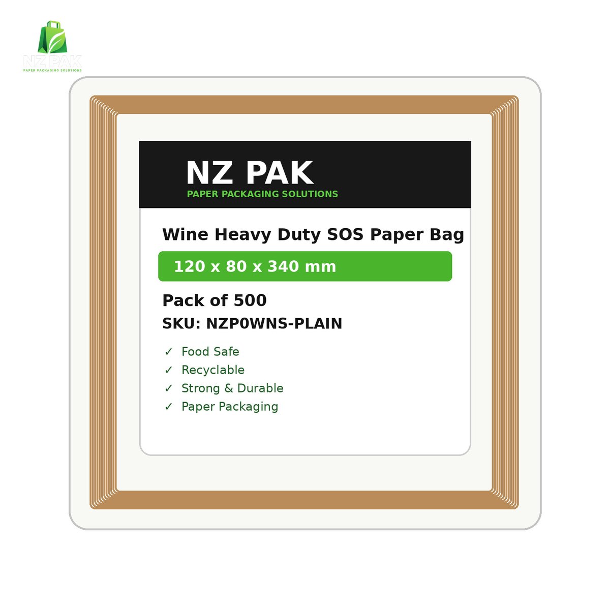 Plain Wine Heavy Duty SOS Paper Bag - 120 x 80 x 340 mm - size and pack details