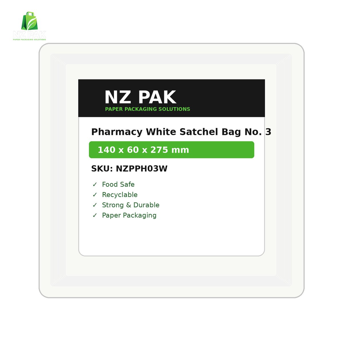 Pharmacy White Satchel Bag No. 3 - 140 x 60 x 275 mm - size and pack details
