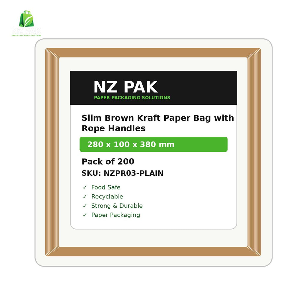Plain Slim Brown Kraft Paper Bag with Rope Handles - 280 x 100 x 380 mm - size and pack details