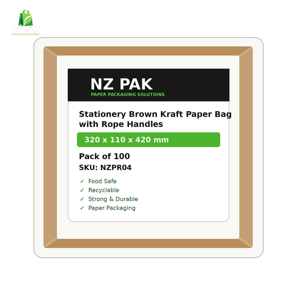 Printed Stationery Brown Kraft Paper Bag with Rope Handles - 320 x 110 x 420 mm - size and pack details