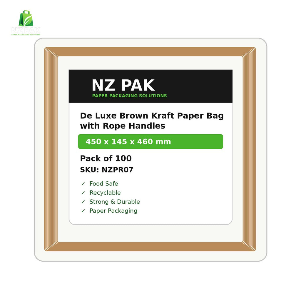 Printed De Luxe Brown Kraft Paper Bag with Rope Handles - 450 x 145 x 460 mm - size and pack details